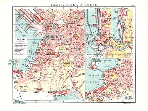 Ottův malý zeměpisný atlas, 1910
17. Terst, Rjeka a Pulje
Triëst, Fiume (Rijeka) en Pola (Pula)
Trieste, Fiume (Rijeka) and Pola (Pula)