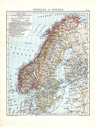 Ottův malý zeměpisný atlas, 1910
32. Švédsko a Norsko
Zweden en Noorwegen / Sweden and Norway