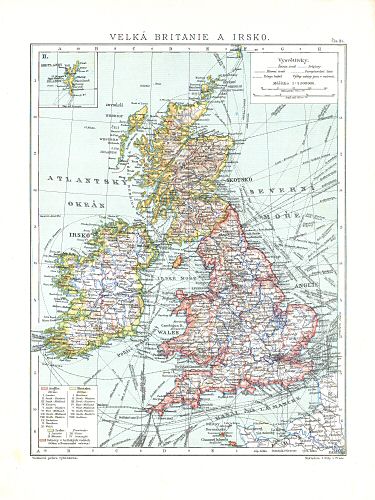 Ottův malý zeměpisný atlas, 1910
34. Velká Britanie a Irsko
Groot-Brittannië en Ierland / Great Britain and Ireland