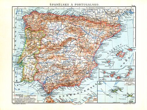 Ottův malý zeměpisný atlas, 1910
44. Španělsko a Portugalsko
Spanje en Portugal / Spain and Portugal