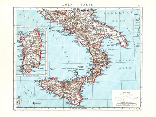 Ottův malý zeměpisný atlas, 1910
46. Dolní Italie
Zuid-(Beneden-)Italië / South (Lower) Italy