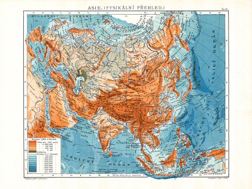 Ottův malý zeměpisný atlas, 1910
60. Asie (Fysikální přehled)
Azië (natuurkundig overzicht) / Asia (physical map)