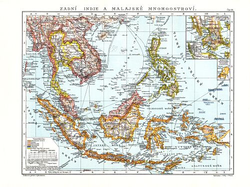 Ottův malý zeměpisný atlas, 1910
69. Zadní Indie a Malajské mnohoostroví
Achter-Indië en Oostindische Eilanden / Southeast Asia