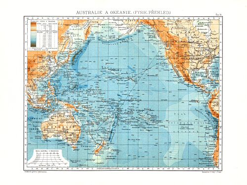 Ottův malý zeměpisný atlas, 1910
70. Australie a Okeanie (Fysikální přehled)
Australië en Oceanië (natuurkundig overzicht)
Australia and Oceania (physical map)