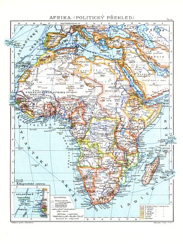 Ottův malý zeměpisný atlas, 1910
74. Afrika (Politický přehled)
Afrika (staatkundig overzicht) / Africa (political map)