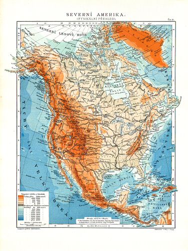 Ottův malý zeměpisný atlas, 1910
81. Severní Amerika (Fysikální přehled)
Noord-Amerika (natuurkundig overzicht)
North America (physical map)