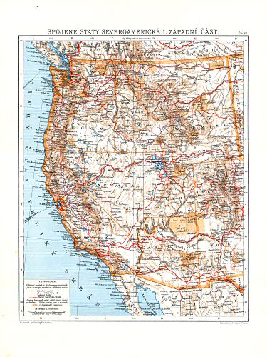 Ottův malý zeměpisný atlas, 1910
83. Spojené státy severoamerické I. Západní část
Verenigde Staten van Noord-Amerika I. Westelijk deel
United States of North America I. Western part