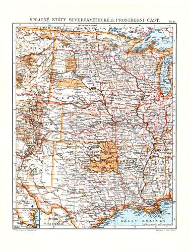 Ottův malý zeměpisný atlas, 1910
84. Spojené státy severoamerické II. Prostřední část
Verenigde Staten van Noord-Amerika II. Middendeel
United States of North America II. Central part