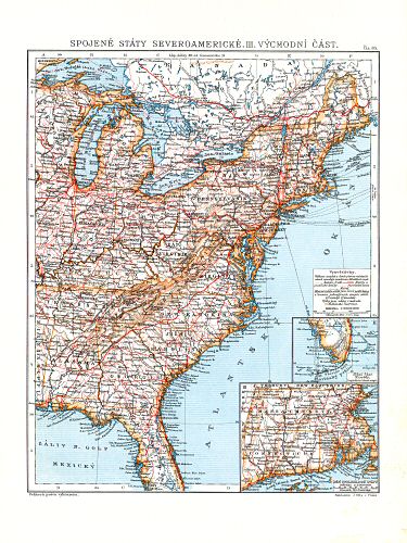 Ottův malý zeměpisný atlas, 1910
85. Spojené státy severoamerické III. Východní část
Verenigde Staten van Noord-Amerika III. Oostelijk deel
United States of North America III. Eastern part