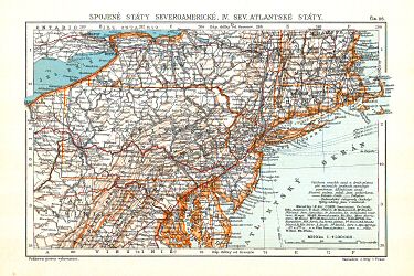Ottův malý zeměpisný atlas, 1910
86. Spojené státy severoamerické IV. Sev. Atlantské Státy
Verenigde Staten van Noord-Amerika IV. Noordatlantische staten
United States of North America IV. North Atlantic States