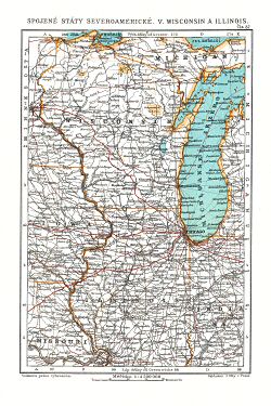 Ottův malý zeměpisný atlas, 1910
87. Spojené státy severoamerické V. Wisconsin a Illinois
Verenigde Staten van Noord-Amerika V. Wisconsin en Illinois
United States of North America V. Wisconsin and Illinois