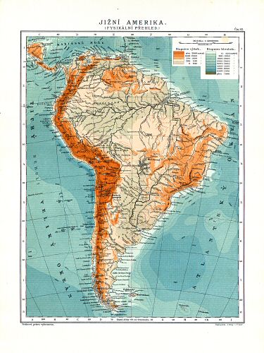 Ottův malý zeměpisný atlas, 1910
92. Jižní Amerika (Fysikální přehled)
Zuid-Amerika (natuurkundig overzicht)
South America (physical map)