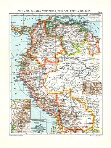 Ottův malý zeměpisný atlas, 1910
93. Columbie, Panama, Venezuela, Ecuador, Peru a Bolivie
Colombia, Panama, Venezuela, Ecuador, Peru, Bolivia