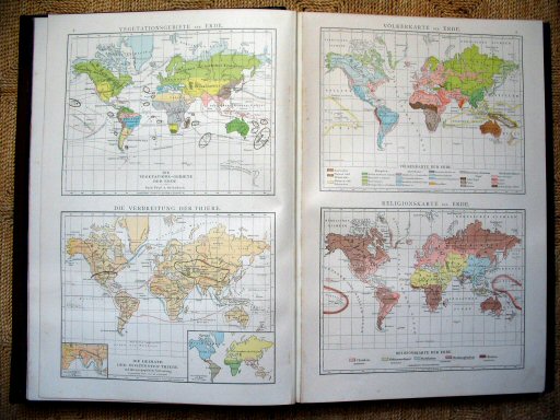 Andree's Handatlas 1881
8. Vegetationsgebiete der Erde. Die Verbreitung der Thiere.
9. Völkerkarte der Erde. Religionskarte der Erde.