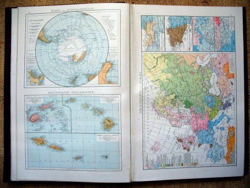 Andree's Handatlas 1881
12. Karte der Südpolarregion. Polynesiche Inselgruppen.
13. Völkerkarte von Europa.