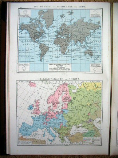 Andree's Handatlas 1881
20. Isothermen- und Windkarte der Erde. Religionskarte von Europa.