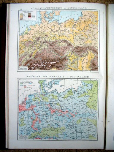 Andree's Handatlas 1881
24. Höhenschichtenkarte von Deutschland.
Bevölkerungsdichtigkeit von Deutschland.