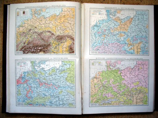 Andree's Handatlas 1881
24. Höhenschichtenkarte von Deutschland.
Bevölkerungsdichtigkeit von Deutschland.
25. Regenkarte von Deutschland.
Mittlere Jahrestemperatur von Deutschland.