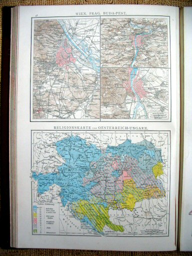 Andree's Handatlas 1881
48. Wien, Prag, Buda-Pest nebst Umgebung.
Religionskarte von Österreich-Ungarn.