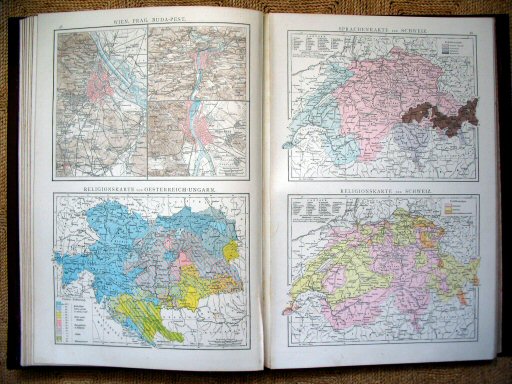 Andree's Handatlas 1881
48. Wien, Prag, Buda-Pest nebst Umgebung.
Religionskarte von Österreich-Ungarn.
49. Sprachenkarte der Schweiz.
Religionskarte der Schweiz.