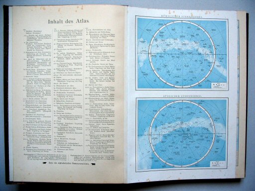Andrees Handatlas 1887
1. Nördlicher Sternhimmel. Südlicher Sternhimmel.