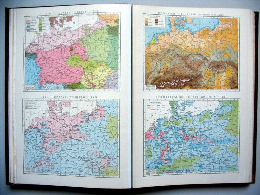 Andrees Handatlas 1887
16. Sprachenkarte von Deutschland.
Religionskarte von Deutschland.
17. Höhenschichtenkarte von Deutschland.
Bevölkerungsdichtigkeit von Deutschland.
