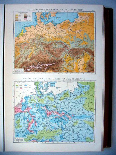 Andrees Handatlas 1887
17. Höhenschichtenkarte von Deutschland.
Bevölkerungsdichtigkeit von Deutschland.