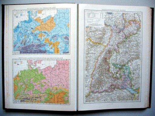 Andrees Handatlas 1887
20. Regenkarte von Deutschland.
Mittlere Jahrestemperatur von Deutschland.
21. Grossherzogtum Baden.