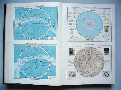 Andrees Handatlas 1893
1. Nördlicher und südlicher Sternhimmel.
2. Sonnensystem. Mondkarte
Noordelijke en zuidelijke sterrenhemel
 Zonnestelsel. Kaart van de maan
Northern and southern skies
 Solar system. Chart of the moon