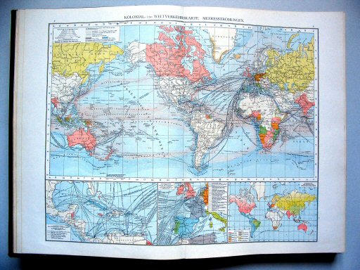 Andrees Handatlas 1893
7.8. Kolonial- und Weltverkehrskarte. Meeresströmungen
Koloniën en verkeer, zeestromingen
Colonies and communications, sea currents