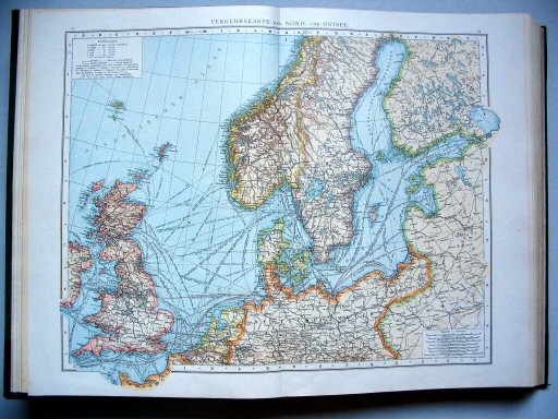 Andrees Handatlas 1893
13.14. Verkehrskarte der Nord- und Ostsee
Noordzee en Oostzee, verbindingen
North Sea and Baltic Sea, communications