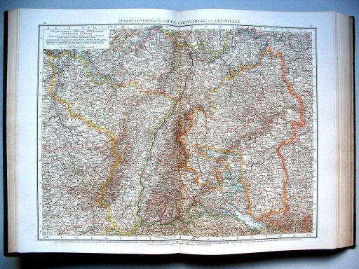 Andrees Handatlas 1893
39.40. Elsass-Lothringen, Baden, Württemberg und Rheinpfalz
Elzas-Lotharingen, Baden, Württemberg, Palts
Alsace-Lorraine, Baden, Württemberg, Palatinate