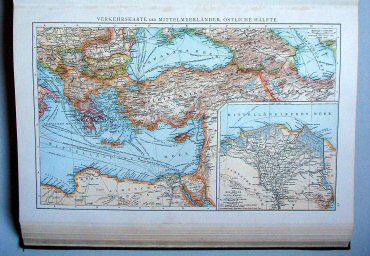 Andrees Handatlas 1893
76. Verkehrskarte der Mittelmeerländer, östliche Hälfte
Middellandse Zee, verbindingen (oostelijk deel)
Mediterranean Sea, communications (eastern half)