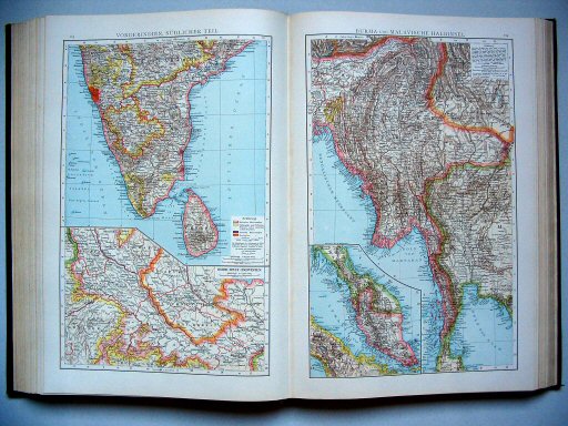Andrees Handatlas 1893
103. Vorderindien, südlicher Teil
104. Burma und malayische Halbinsel
Brits-Indië (zuidelijk deel). Birma en Malakka
British India (southern part). Burma and Malay Peninsula