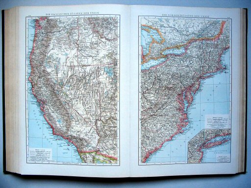 Andrees Handatlas 1893
129. Die Pacifischen Staaten der Union
130. Die Nordoststaaten der Union
Westelijke staten. Noordoostelijke staten
Pacific States. North Atlantic States