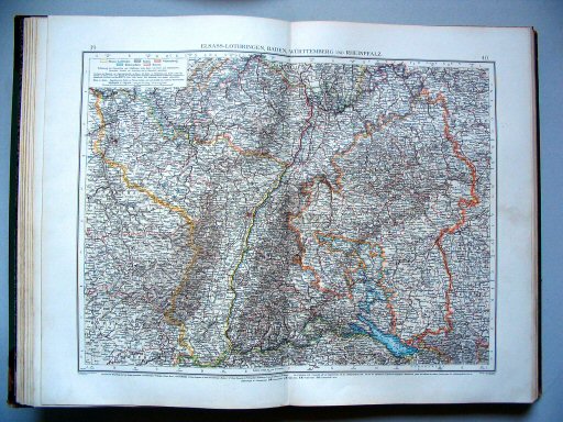Andrees Handatlas 1896-97
39.40. Elsass-Lothringen, Baden, Württemberg und Rheinpfalz
Elzas-Lotharingen, Baden, Württemberg, Palts
Alsace-Lorraine, Baden, Württemberg, Palatinate