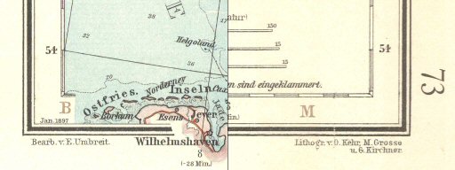 Andrees Handatlas 1896-97
Detail van kaart 73.73 (links datum en cartograaf, rechts graveurs)
Sheet 73.73 detail (cartographer and date on the left, engravers on the right)
