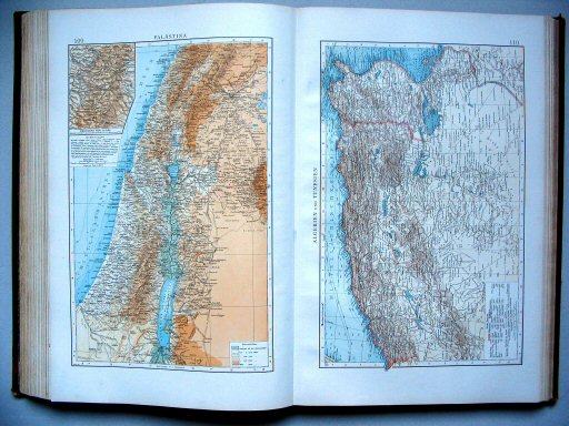 Andrees Handatlas 1896-97
109. Palästina.&nbsp;&nbsp; 110. Algerien und Tunesien
Palestina. Algerije en Tunesië / Palestine. Algeria and Tunisia