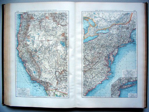 Andrees Handatlas 1896-97
129. Die Pacifischen Staaten der Union
130. Die Nordoststaaten der Union
Westelijke staten. Noordoostelijke staten
Pacific States. North Atlantic States
