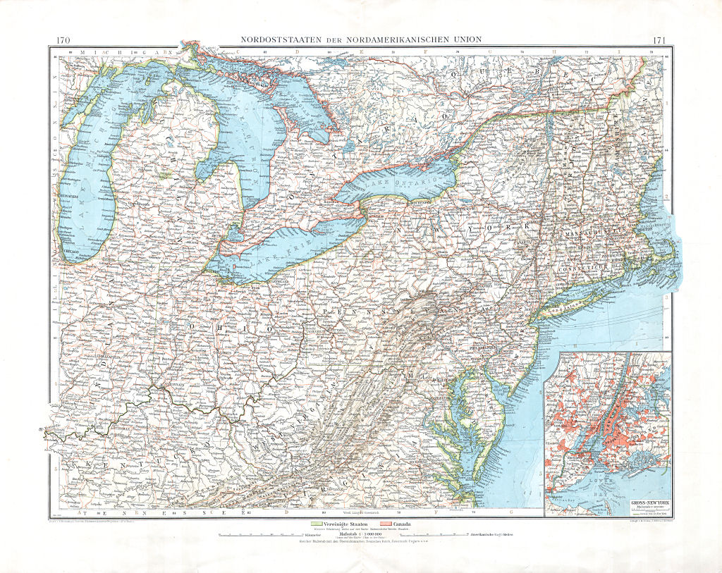 Andrees Handatlas 1899 (Eerste aflevering / First installment)
170.171. Nordoststaaten der nordamerikanischen Union (Jan. 1898)