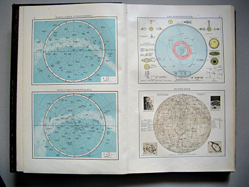 Andrees Handatlas 1899
1. Nördlicher Sternhimmel. Südlicher Sternhimmel
2. Das Sonnensystem. Mondkarte