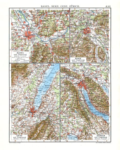 Andrees Handatlas 1914
Basel, Bern, Genève, Zürich (kaart R.83)