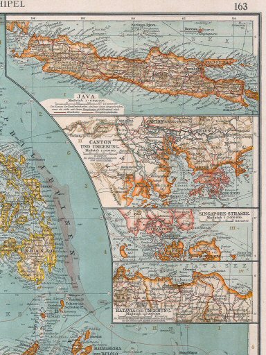 Andrees Handatlas 1921 (7. Auflage)
162.163. Java, Canton, Singapore, Batavia (Nebenkarten)