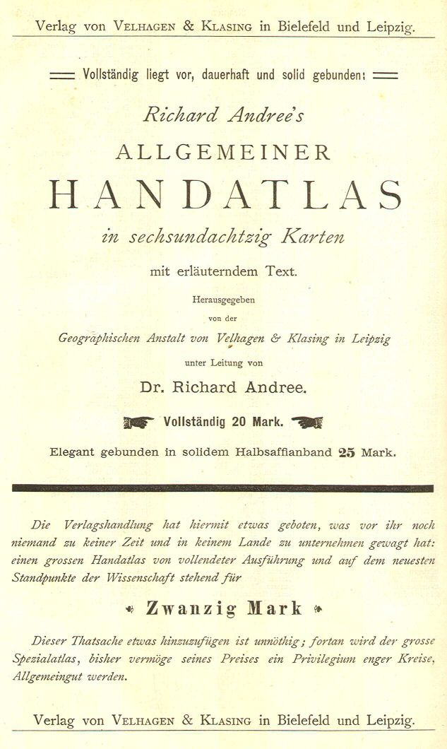 Handboek Andree's Handatlas 1882
Advertentie voor de atlas / Advertisement for the atlas