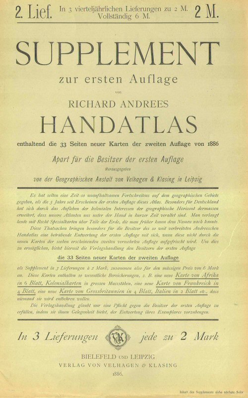 Supplement Andrees Handatlas 1887
Omslag tweede aflevering, voorkant