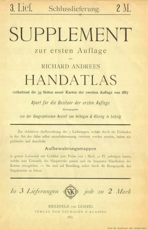 Supplement Andrees Handatlas 1887
Omslag derde aflevering, voorkant