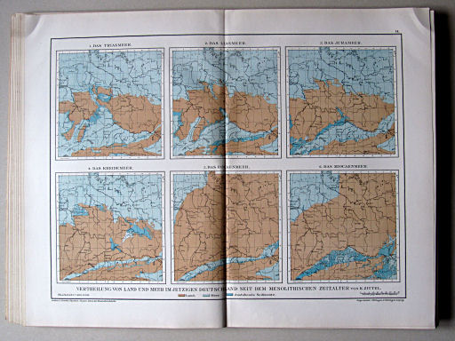 Andree-Peschel, Physikalisch-statistischer Atlas des Deutschen Reichs, 1878
14. Vertheilung von Land und Meer im jetzigen Deutschland seit dem mesolithischen Zeitalter