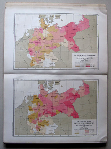 Andree-Peschel, Physikalisch-statistischer Atlas des Deutschen Reichs, 1878
18. Der Antheil der Kinderzahl an der Gesammtbevölkerung Deutschlands i. J. 1871. Die Zahl der in der Ehe Lebenden Personen im Deutschen Reiche i. J. 1871