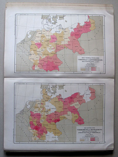 Andree-Peschel, Physikalisch-statistischer Atlas des Deutschen Reichs, 1878
19. Das Verhältniss der Todesfälle zur Einwohnerzahl in Deutschland i. J. 1873. Die natürliche Vermehrung der Bevölkerung durch den Überschuss der Geburten über die Todesfälle