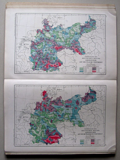 Andree-Peschel, Physikalisch-statistischer Atlas des Deutschen Reichs, 1878
24. Viehbestand des Deutschen Reichs. Grossvieh auf die Fläche vertheilt. Viehbestand des Deutschen Reichs. Grossvieh auf die Bevölkerung vertheilt